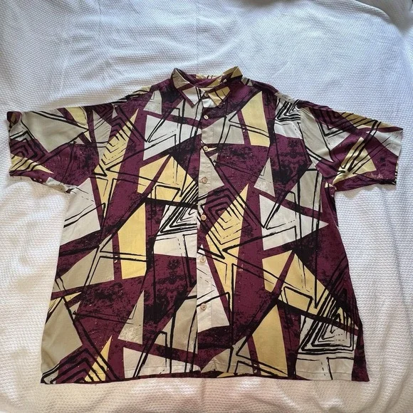 Vintage Geometric Pattern Short Sleeve Button-Up Shirt Retro Larger Sized - Picture 1 of 7